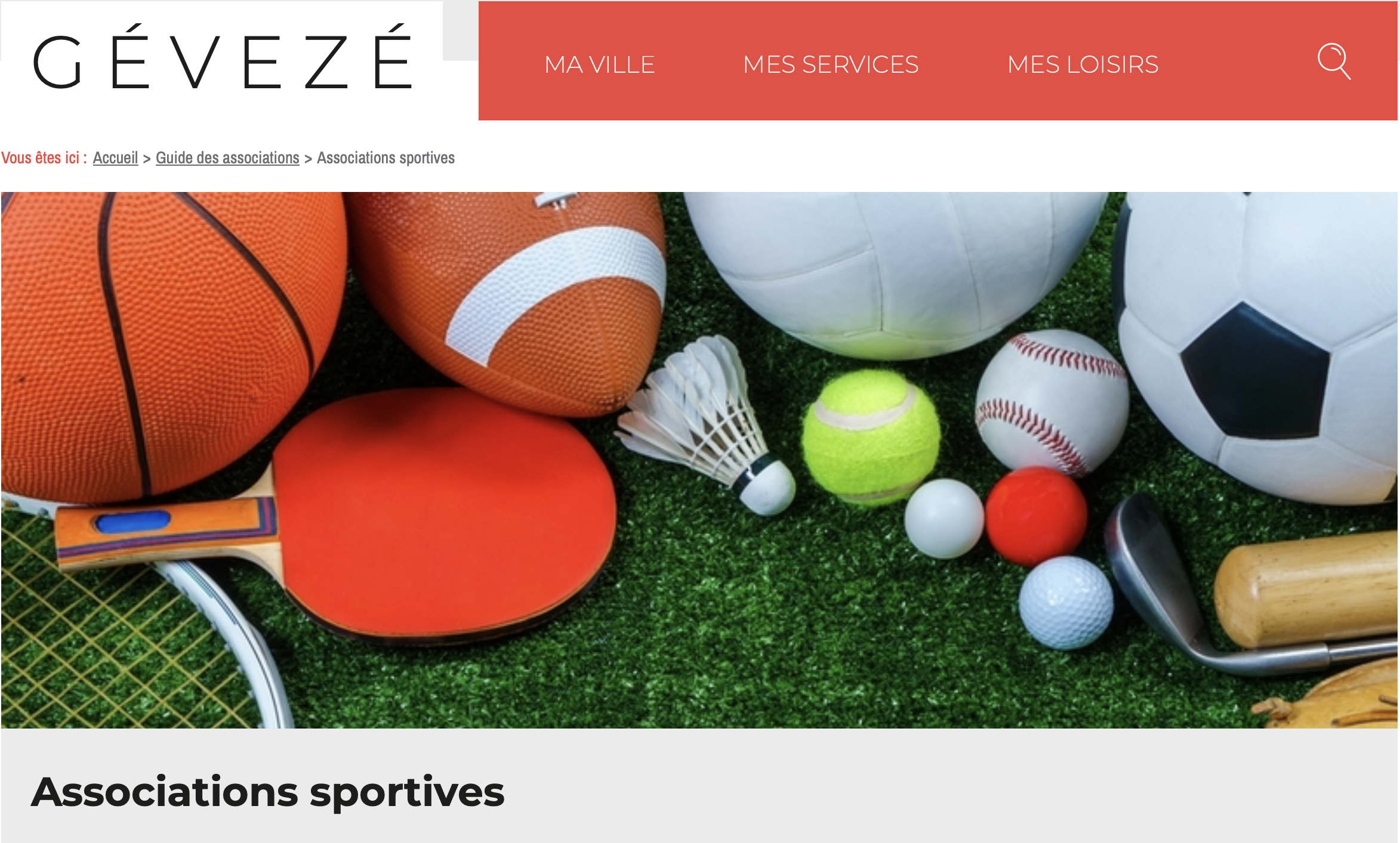 Page du site de la mairie répertoriant les associations sportives de la commune